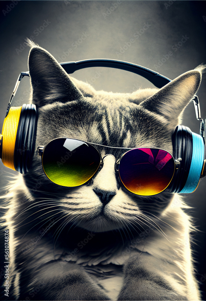 Portrait of a funny cat in headphones and sunglasses. AI generated