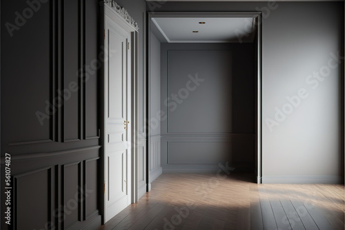 Empty modern classic interior room with gray wall and wooden floor.