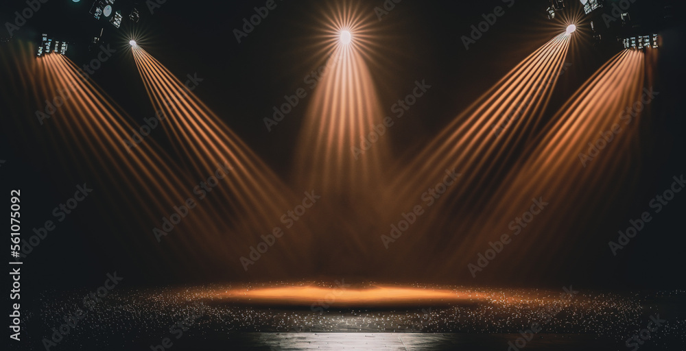 Stage with yellow or gold spotlights pointing to the center, Generative AI