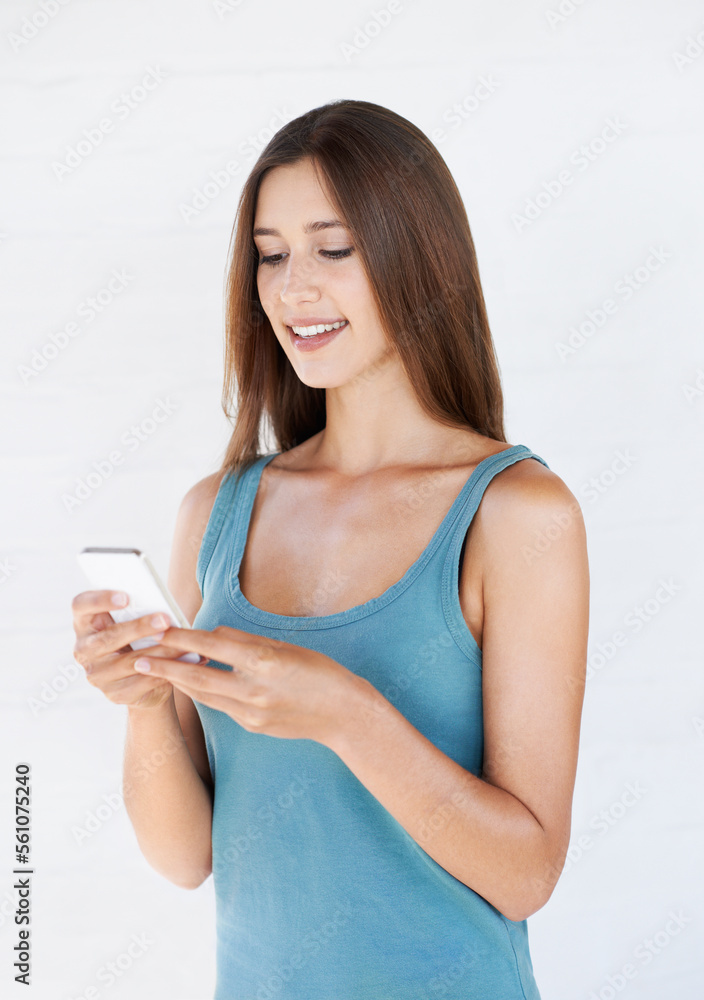 Woman, phone and social media in studio for internet, texting and search against white background. Girl, smartphone and online chatting, browsing and app, online dating and networking while isolated Woman, phone and social media in studio for internet, texting and search against white background. Girl, smartphone and online chatting, browsing and app, online dating and networking while isolated