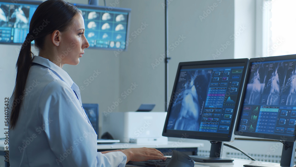 Professional medical doctors are maksing computer research in hospital office. Medicine, healthcare and cardiology concepts.