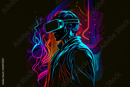Illustration of a man wearing virtual reality headset, VR, abstract lines, and bright neon colors. AI generate