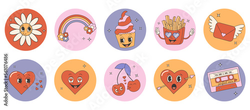Trendy comic groovy valentines day sticker set. Cute and funny characters. Retro valentines day. 70s 60s aesthetics.