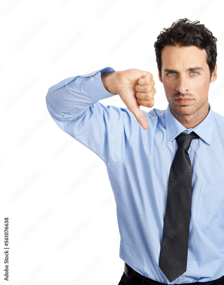 Hand, thumbs down and portrait of businessman in studio for no, bad and business fail on white background. Face, failure and young entrepreneur showing negative emoji for objection while isolated Hand, thumbs down and portrait of businessman in studio for no, bad and business fail on white background. Face, failure and young entrepreneur showing negative emoji for objection while isolated