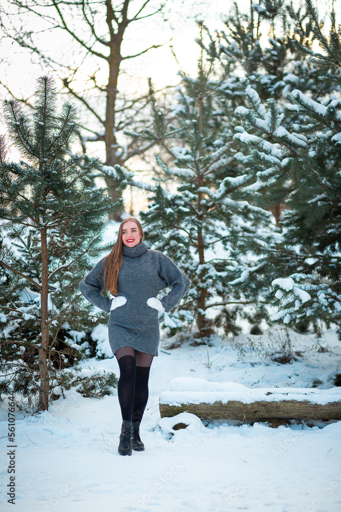 Vinnytsia, Ukraine. January 13, 2023: A walk in a winter forest in Poland. Warm dress. Pine trees in the snow. Winter shoes. January with frost