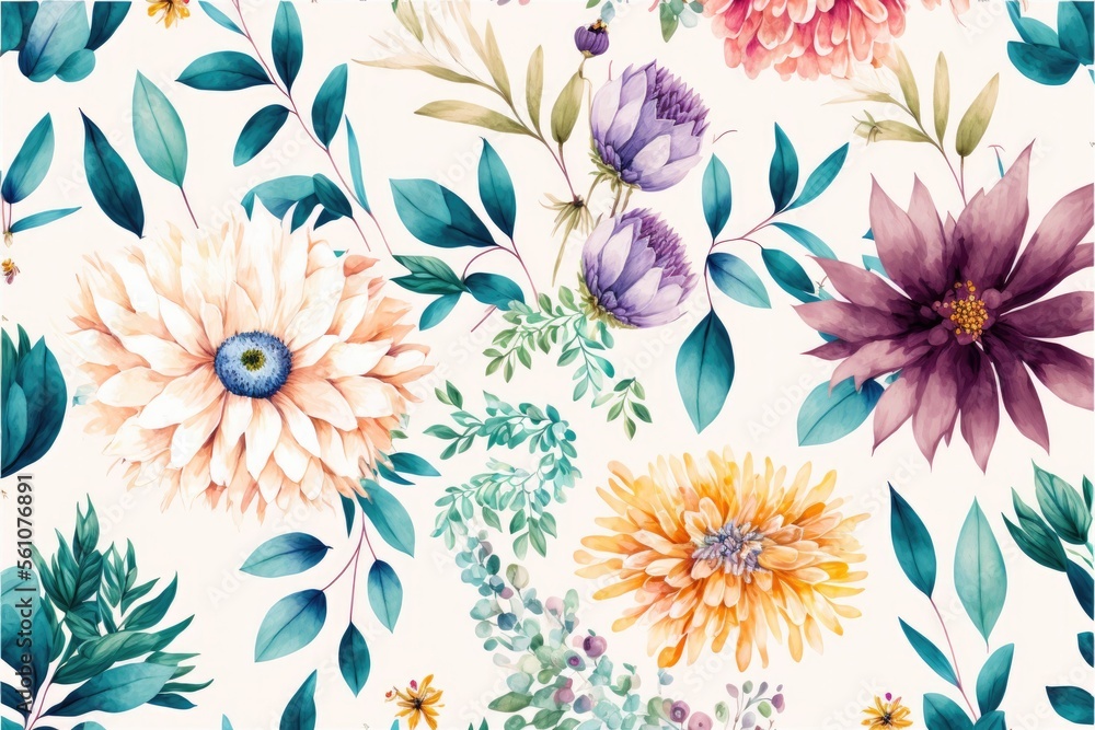 Fototapeta premium Romantic floral watercolor pattern with beautiful colored flowers
