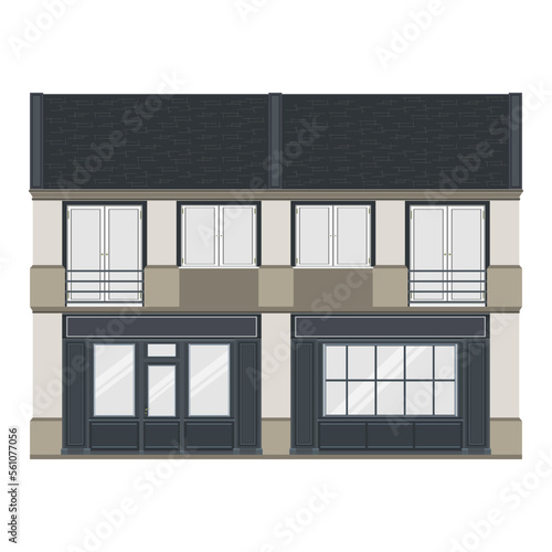 Coffeeshop facade front view with large windows. French old Building. European architecture.