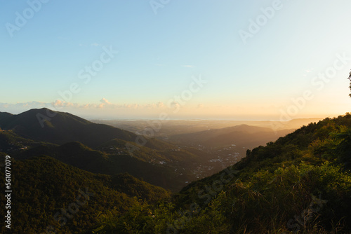 Beautiful top view of mountains landscape on golden hour from puerto rico