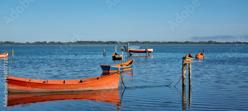 blue and orange canoe, moored on the lake or lagoon, on a beautiful sunny day and blue sky, trees in the background show the border between one city and another