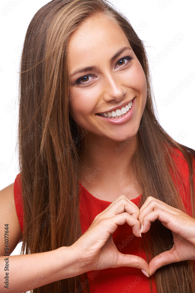 Woman, happy and heart shape portrait or emoji for love sign, happiness and support in white background. Model, face and smile for self care peace, loving hand gesture or symbol in isolated studio Woman, happy and heart shape portrait or emoji for love sign, happiness and support in white background. Model, face and smile for self care peace, loving hand gesture or symbol in isolated studio