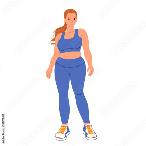 Plus size curvy girl in sportswear - leggings, top and sneakers. Chubby female cartoon character. Body positive, love your body concept. Flat vector cartoon illustration isolated on white background