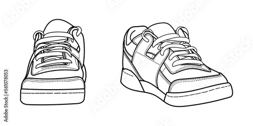 Hand drawn detailed sneakers, gym shoes. Classic vintage style. Outline doodle vector illustration. Top and side view