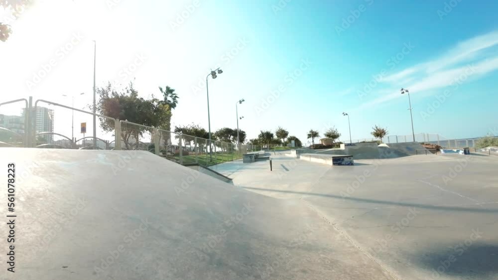 Public Skate park ramps, low angle point of view Public Skate park ramps, low angle point of view