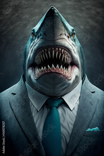 Portrait of a shark in business man s clothes  ruthless  grinning