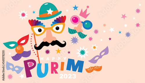 Happy Purim, jewish celebration  festive banner Carnival masks, confetti, joker, garland, hat, firework, harlequin  Purim Jewish festival concept  Vector illustration