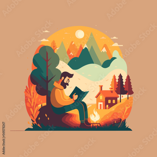 man enjoy shit down reading a book hygge concept vector flat color