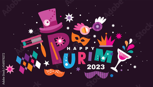 Happy Purim, jewish celebration  festive banner Carnival masks, confetti, joker, garland, hat, firework, harlequin  Purim Jewish festival concept  Vector illustration