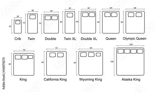 Bed Sizes and Mattress Dimensions . Pictograms depict icons of bed sizes. Vector