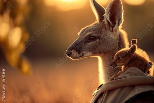  a kangaroo and a baby kangaroo are in the grass at sunset, with the sun shining on the background of the picture and the kangaroo is holding the baby kangaroo in its arms, with.  generative