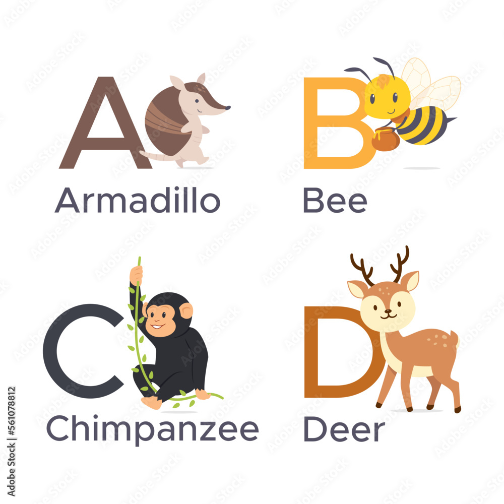 Educational preschool learning card with vector illustration of cute animal and letter cartoon set, Alphabet ABC cards for kids