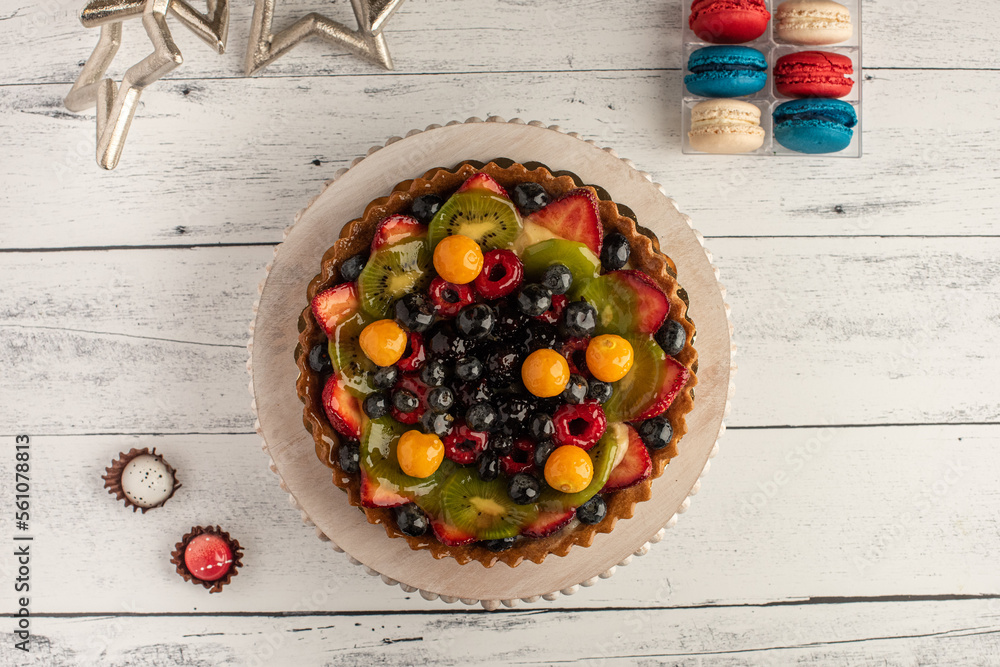 Summer fruity dessert and macaroons