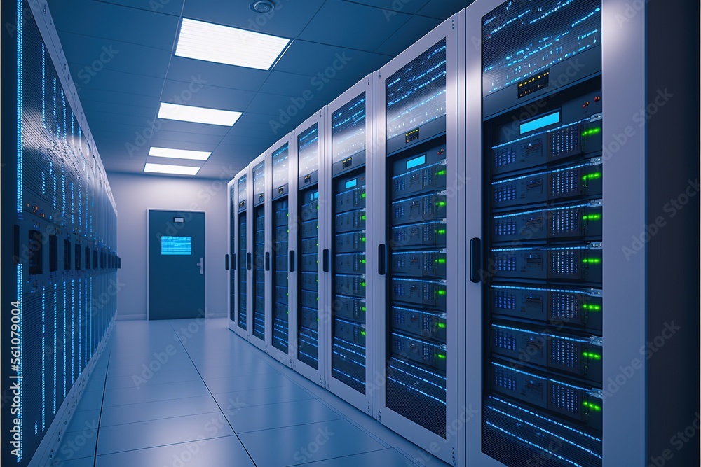 Super computer and quantum server rack in Data center control room. Generetive AI Super computer and quantum server rack in Data center control room. Generetive AI