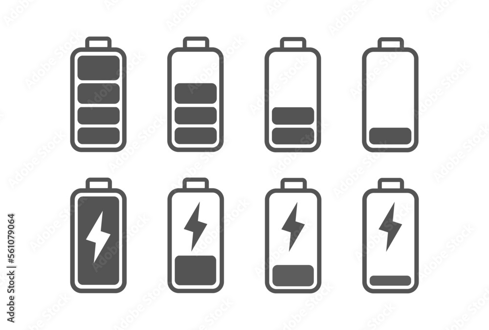 Set Of Battery Icons, Full Battery, Low Battery, Charging Batter, Grey 