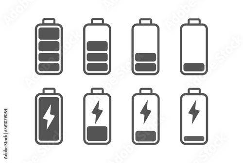 Set of battery icons, Full battery, Low battery, Charging batter, grey and white icon