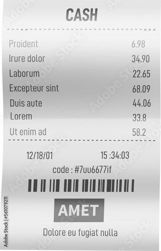 Cashier check. Realistic receipt mockup. Store payment