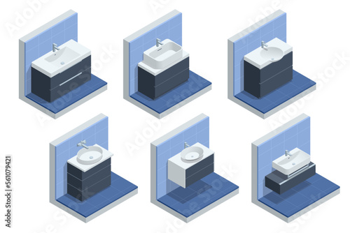 Isometric washbasins. Set of ceramic rectangle washbasins with water tap. Bathroom interior.