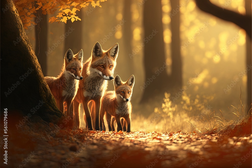 a group of foxes standing in a forest next to a tree with leaves on it ...