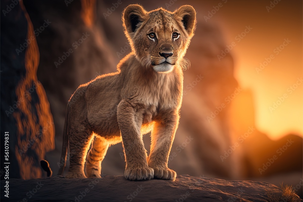 a lion cub standing on a rock in a cave at sunset or dawn with a