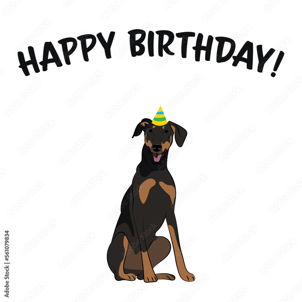 Happy birthday card with dog, holiday design. Present for a dog lover. Funny cartoon dog breed illustration.  Minimalistic greeting card. Fun Doberman dog in hat character party postcard.
