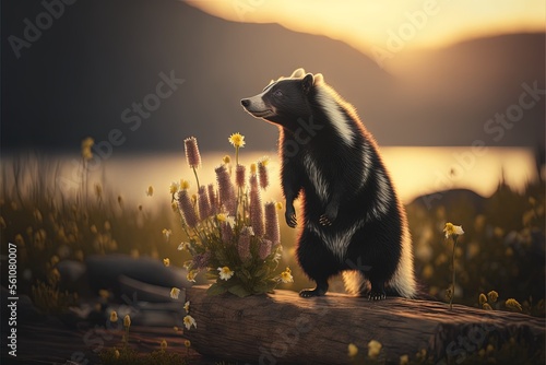 Fotografiet a painting of a badger standing on a log in a field of flowers and plants with a lake in the background and a sunset in the background with a few clouds and a few yellow