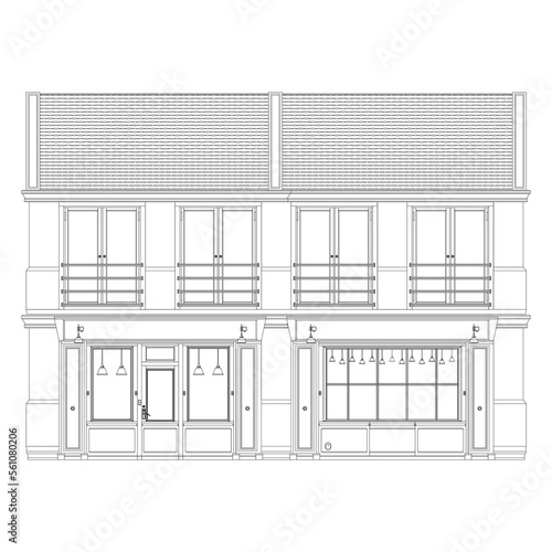 Coffeeshop facade front view Coloring page. French old Building. European architecture.