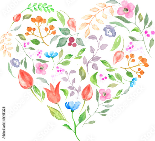 Heart made of watercolor colorful floral. Valentine s Day card. Hand drawn  illustration isolated on white background. For packaging  wrapping design  wedding or print. Vector EPS.