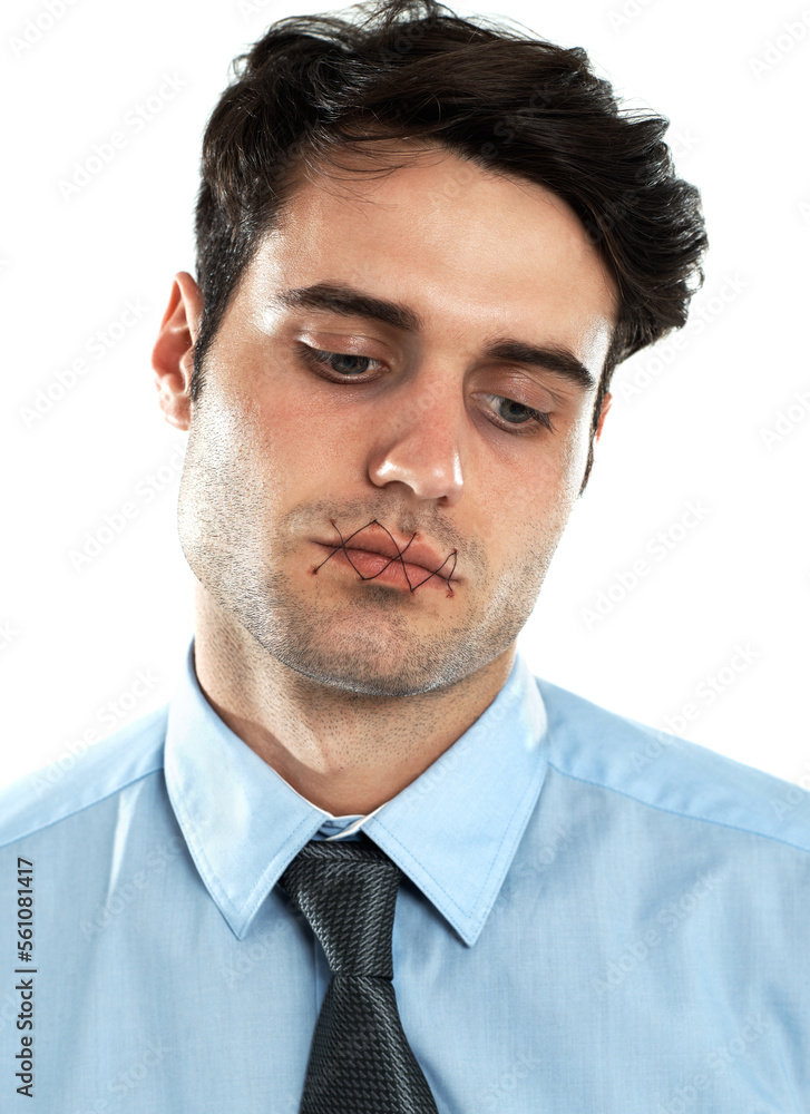 Portrait of man with mouth sewn shut, mental health and silence isolated on white background. Victim censorship, depression and abuse, businessman and mens health narrative stitched lips in studio. Portrait of man with mouth sewn shut, mental health and silence isolated on white background. Victim censorship, depression and abuse, businessman and mens health narrative stitched lips in studio.