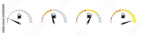 Set full tank scale, gas meter, clock face fuel measurements, fuel gauge indicator, dashboard scale icon, car control sensor sign, gasoline indicatior collection icons. Vector Illustration. EPS 10