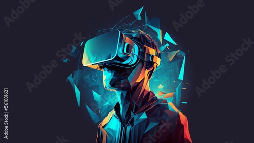 Man wearing virtual reality glasses. Polygonal photo