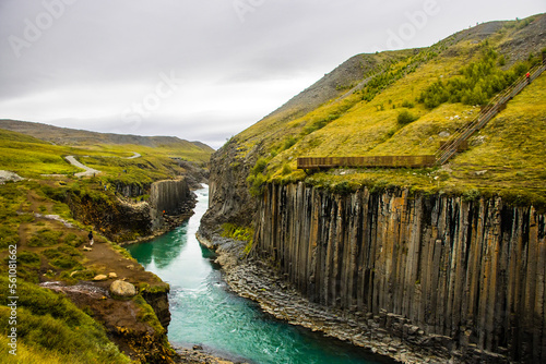 Studlafoss and Studlagil Basalt Rock Columns Canyon Dramatic Landscape river in Jokuldalur, Iceland