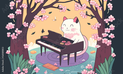 cute anthropomorphic cat playing the piano