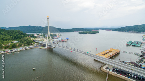 aerial view of Sungai Kebun Bridge with the water village at Bandar Seri Begawan  Brunei Darussalam