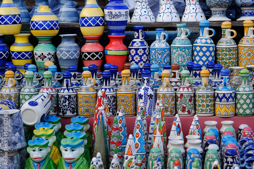 Hand made colorful ceramic pottery. Hand painted pottery. Traditional pottery fair in Pune, India.