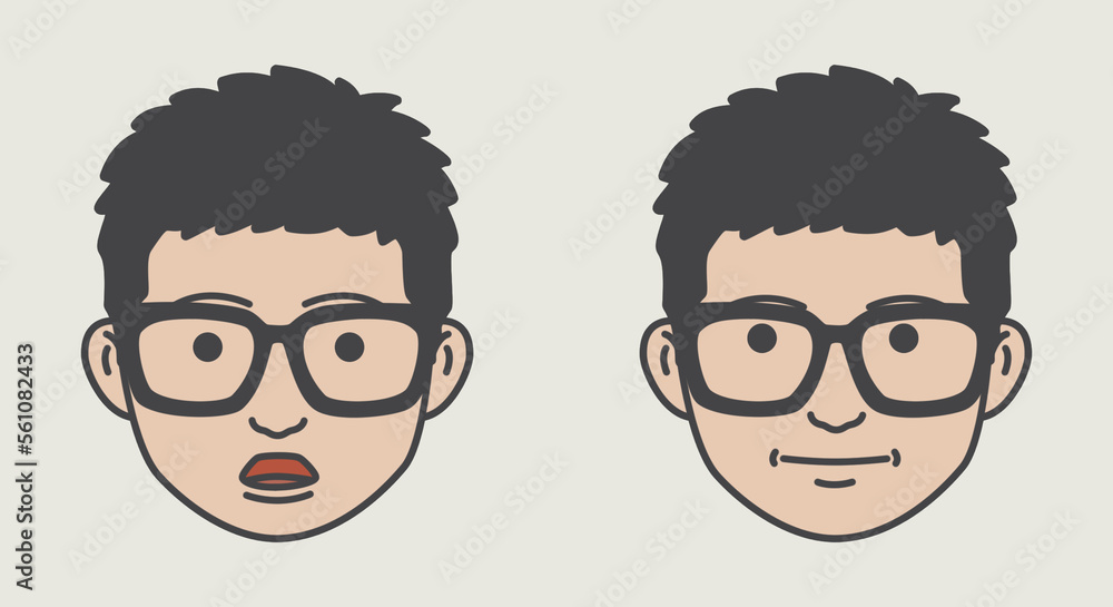 man face icon illustration design with surprised expression as well as satisfaction expression, flat cartoon style illustration