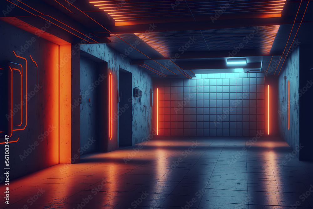 Neon Grunge Sci-Fi: An Ultrarealistic 3D Rendering of an Underground Garage Room with Cement and Asphalt, Concrete Brick Walls, Intricate Details, and a Cyber Blue Orange Color Scheme