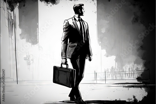 Foto a man in a suit and helmet carrying a briefcase and a briefcase bag walking down a street in a city with smoke pouring from the buildings behind him and a man in a suit and