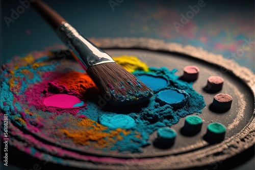  a paint palette with a brush on it and some colors of paint on the tray next to it, all in different colors of the same paint, and a black background, with a blue. generative ai photo