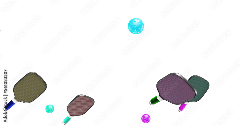 Pickleball paddles rackets and balls on a transparent background. 3d rendering banner copy space