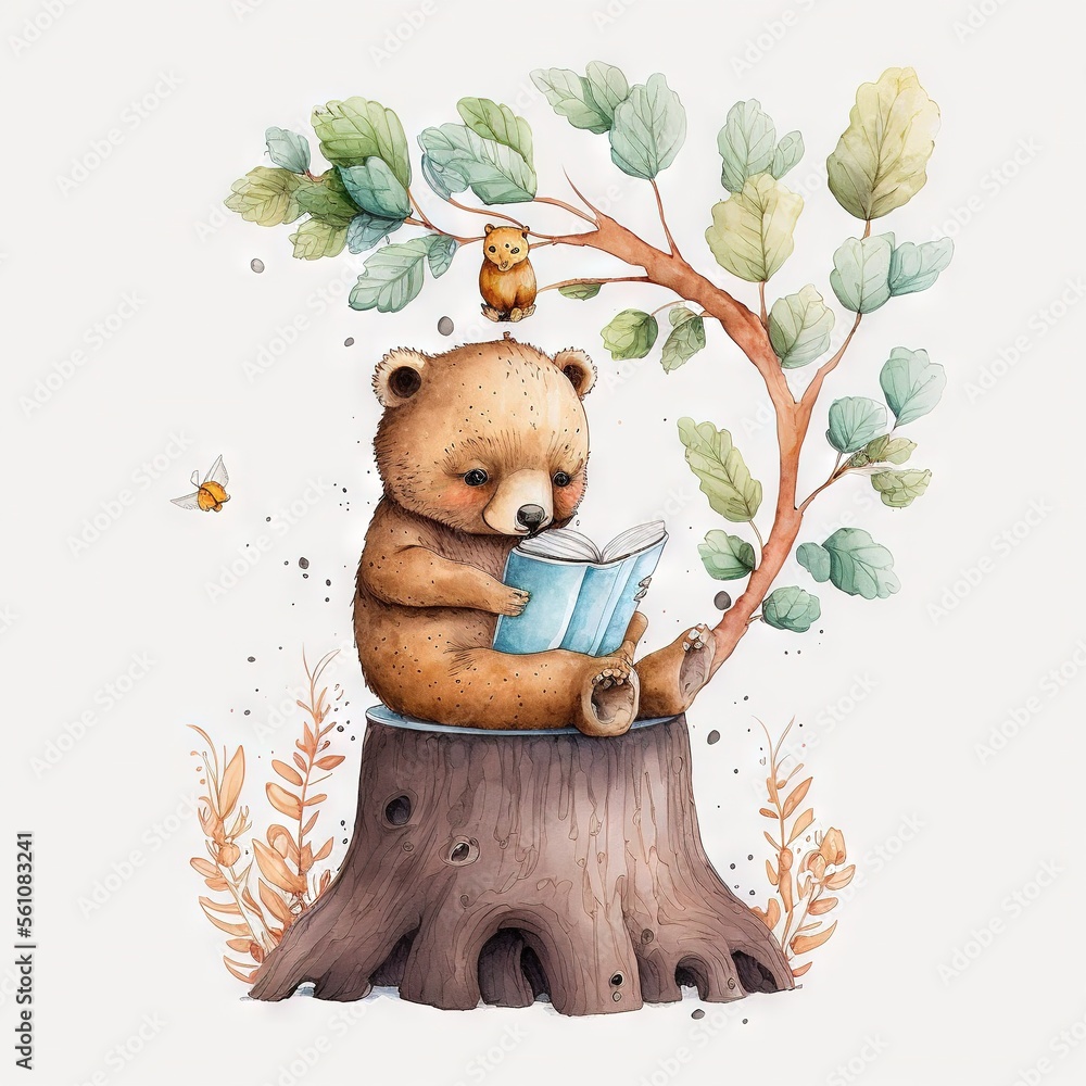 a bear is sitting on a tree stump reading a book and a squirrel is ...