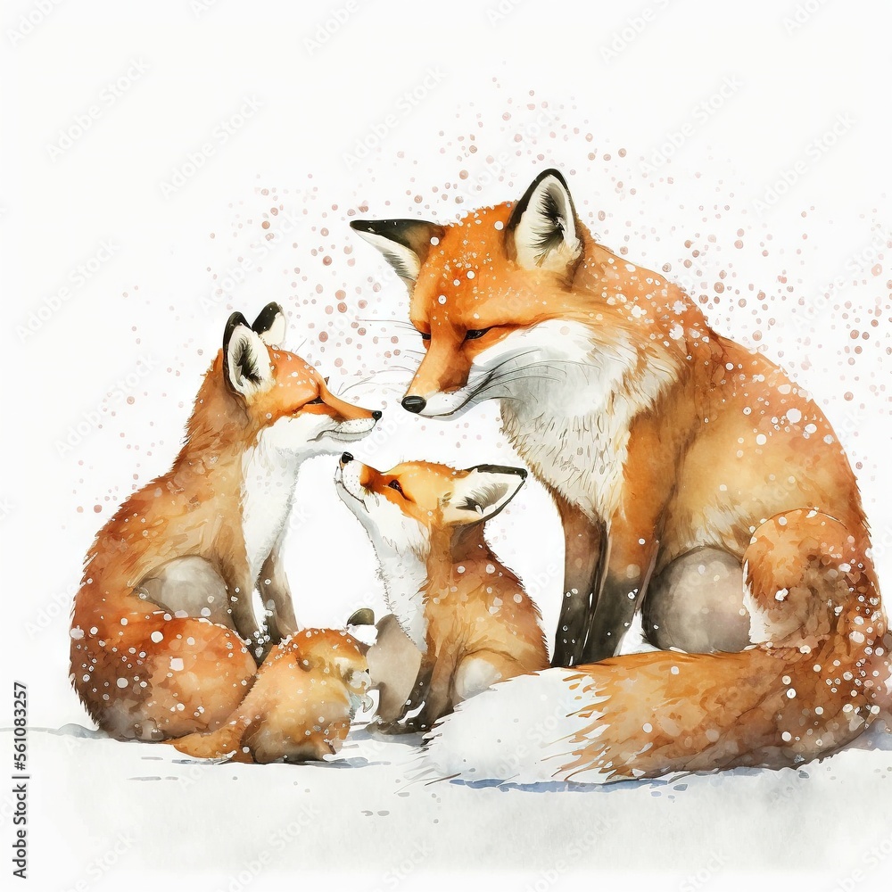 a painting of a fox and her cubs in the snow with snow falling on them ...